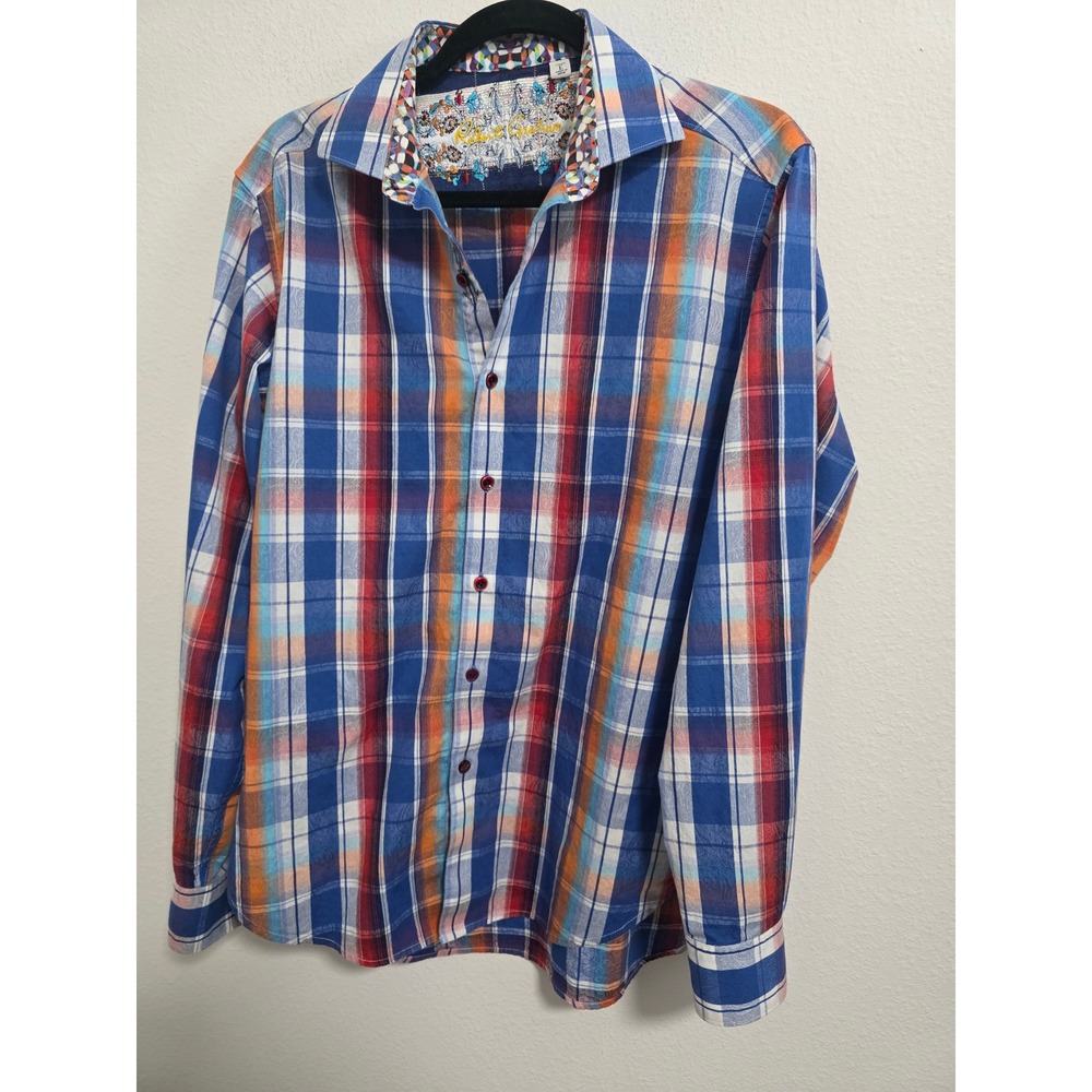 Robert Graham Mens Classic Fit Plaid Paisley Jacquard Button Down Shirt Blue L